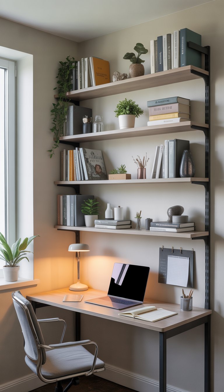 A dorm room workspace with multi-tiered floating shelves above a desk holding books, plants, and study supplies.