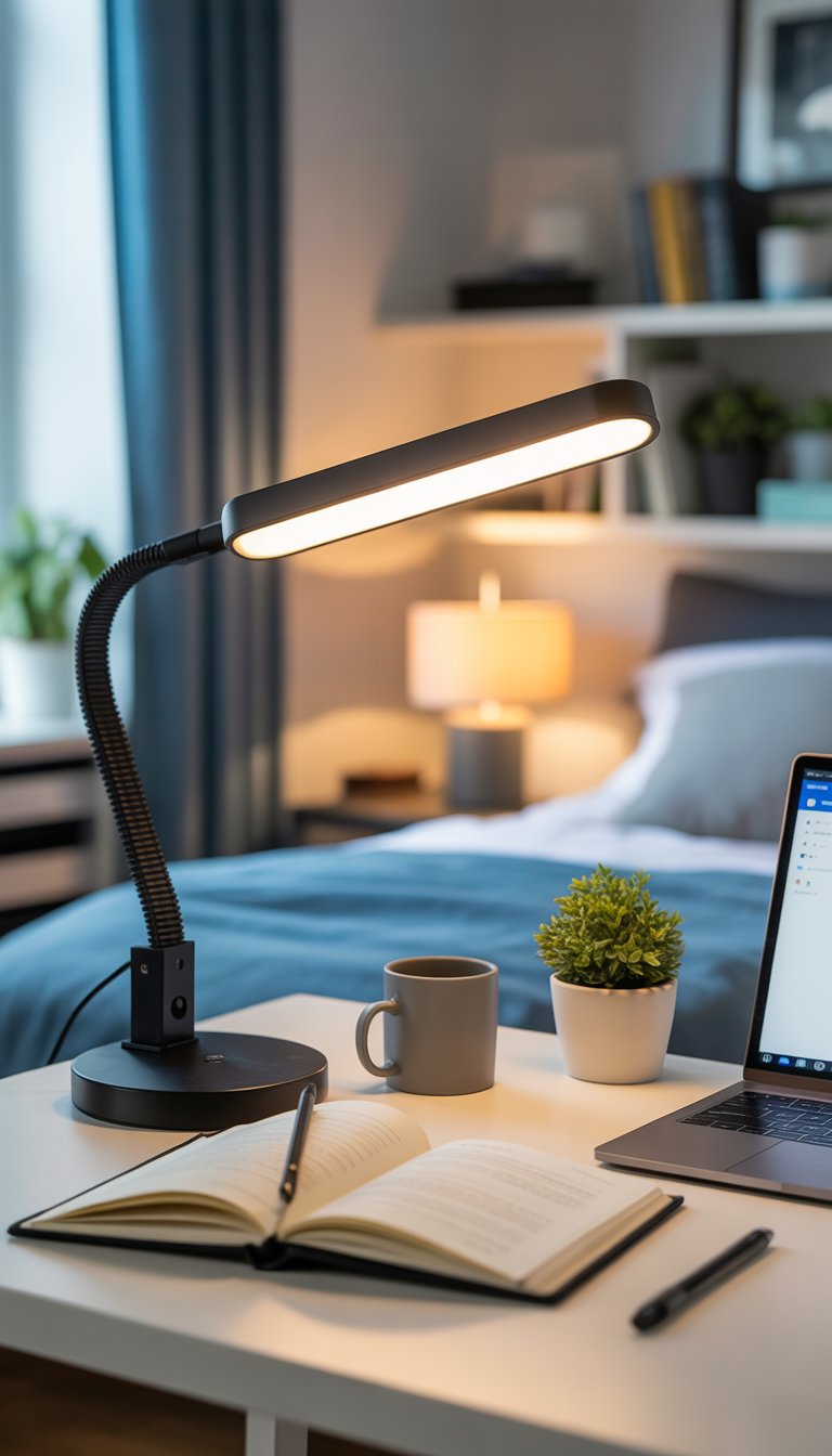 An adjustable LED desk lamp on a dorm room desk illuminating study materials with a cozy dorm room background.
