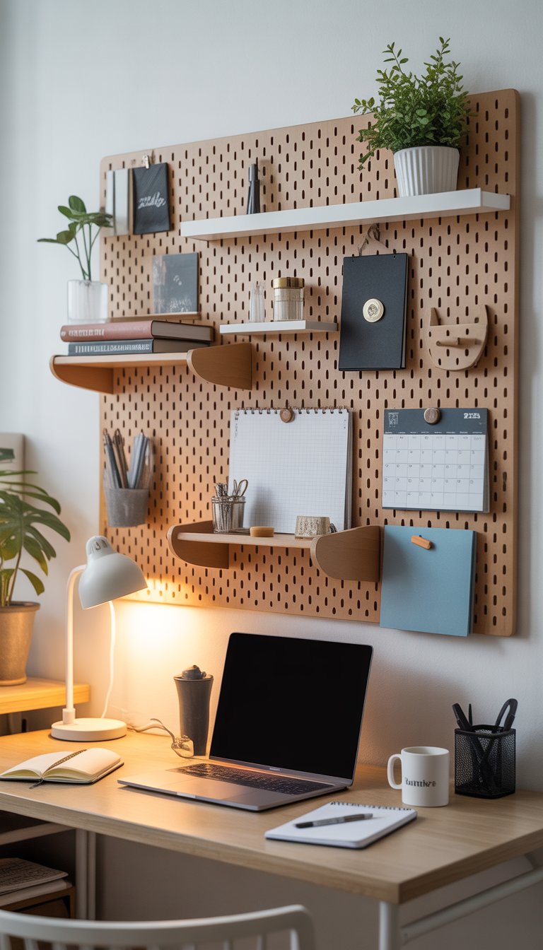 A dorm desk with a pegboard wall organizer holding stationery and plants above a clean desk with a laptop and lamp in a bright room.