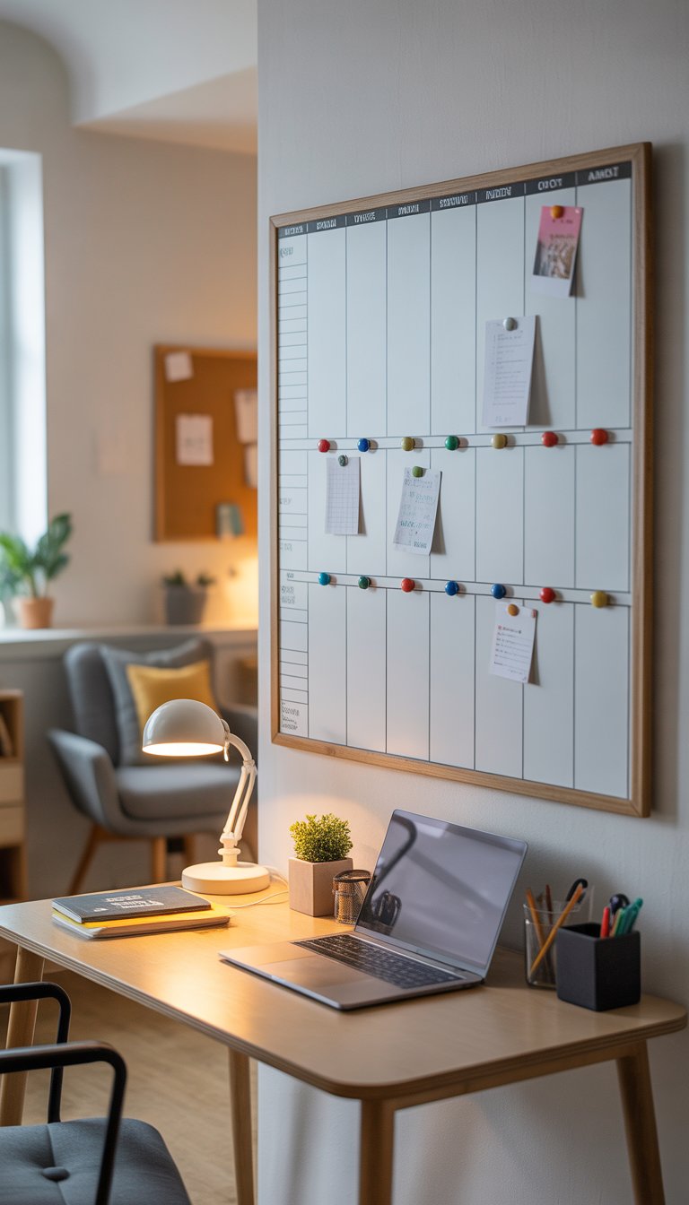A dorm room workspace with a magnetic whiteboard planner above a wooden desk, featuring a laptop, lamp, books, and stationery in a tidy and well-lit setting.