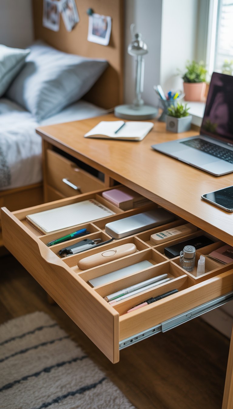 A tidy dorm room workspace with a wooden desk and an under-desk drawer organizer holding stationery, a laptop on the desk, and a bed in the background.