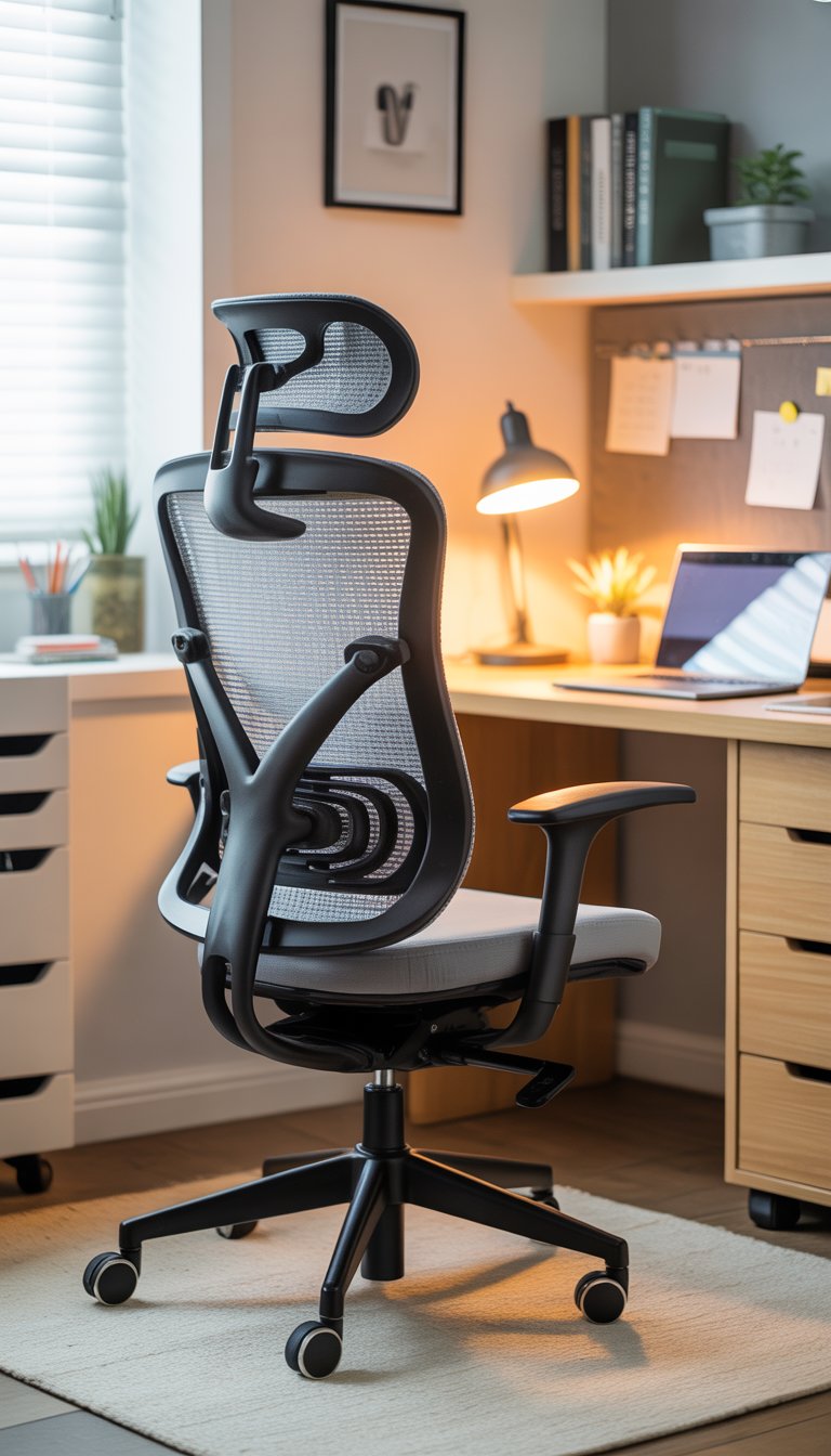 An ergonomic desk chair with lumbar support in a dorm room with a desk, laptop, books, and a small plant.