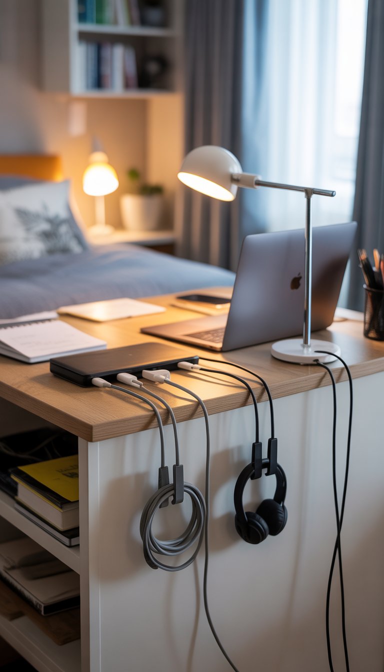 A tidy dorm room desk with organized cables held by clips, a laptop, lamp, and study materials in a cozy room.