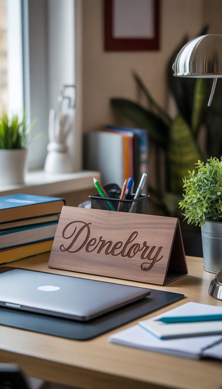 A neatly organized dorm desk with a wooden personalized nameplate, laptop, books, desk lamp, and a small plant in a cozy room with natural light.
