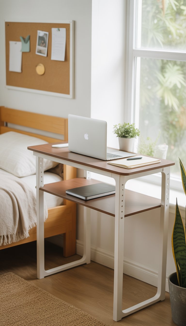 Foldable desk riser on a dorm room desk with a laptop, notebook, and plant, with a bed and window in the background.