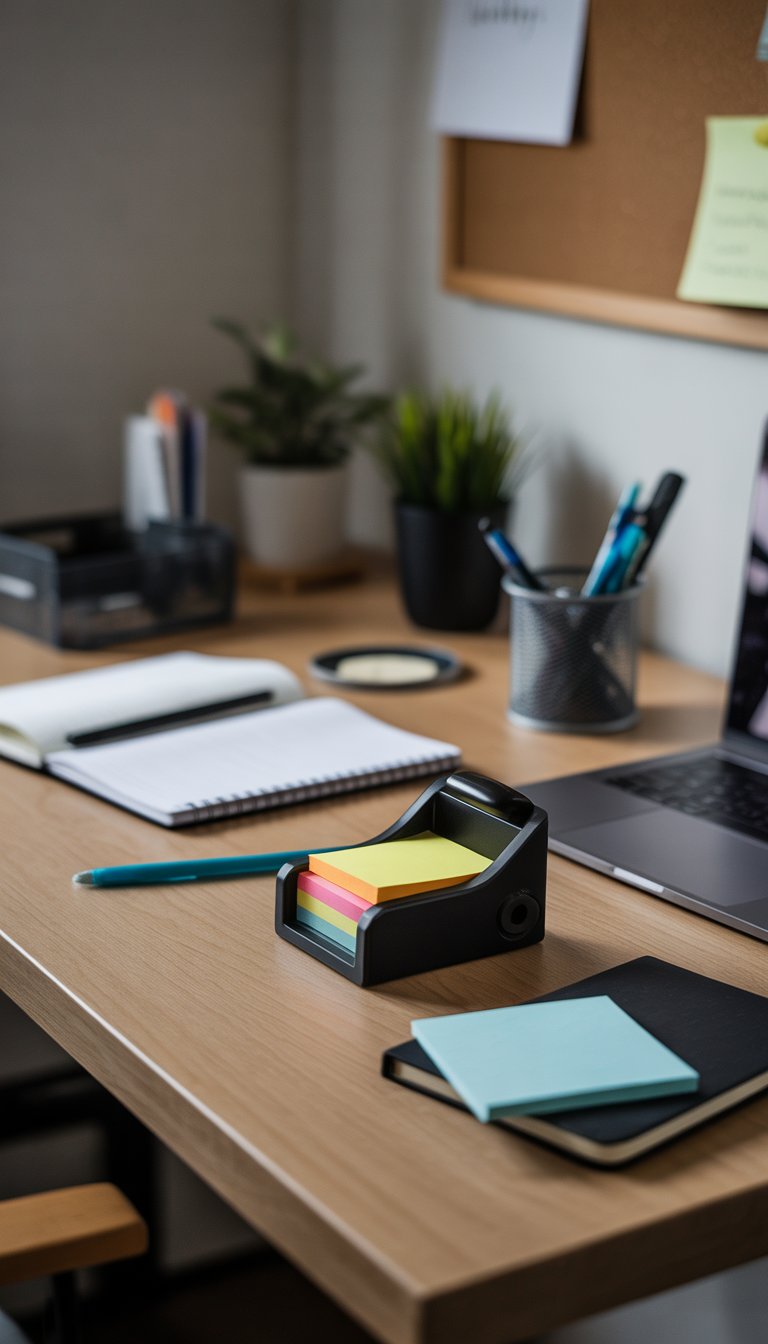 A tidy dorm desk with a sticky note dispenser, laptop, notebooks, and a small plant in a dorm room.