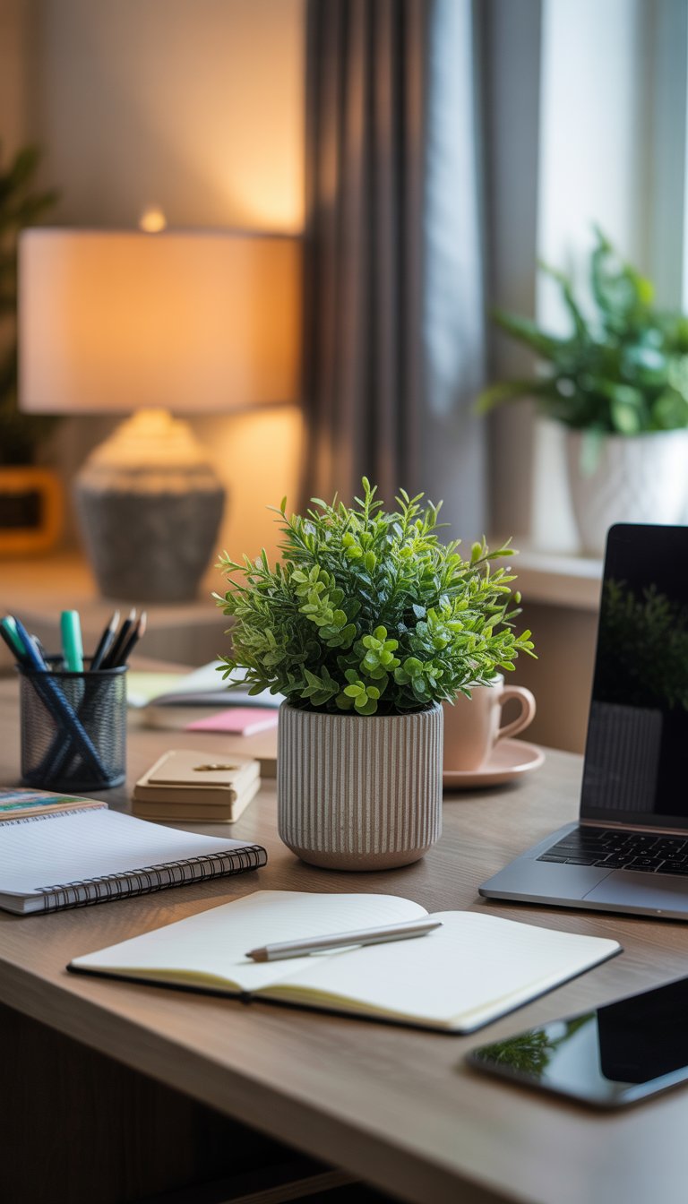 A dorm desk with a small green plant, laptop, notebooks, and coffee cup in a cozy room with natural light.