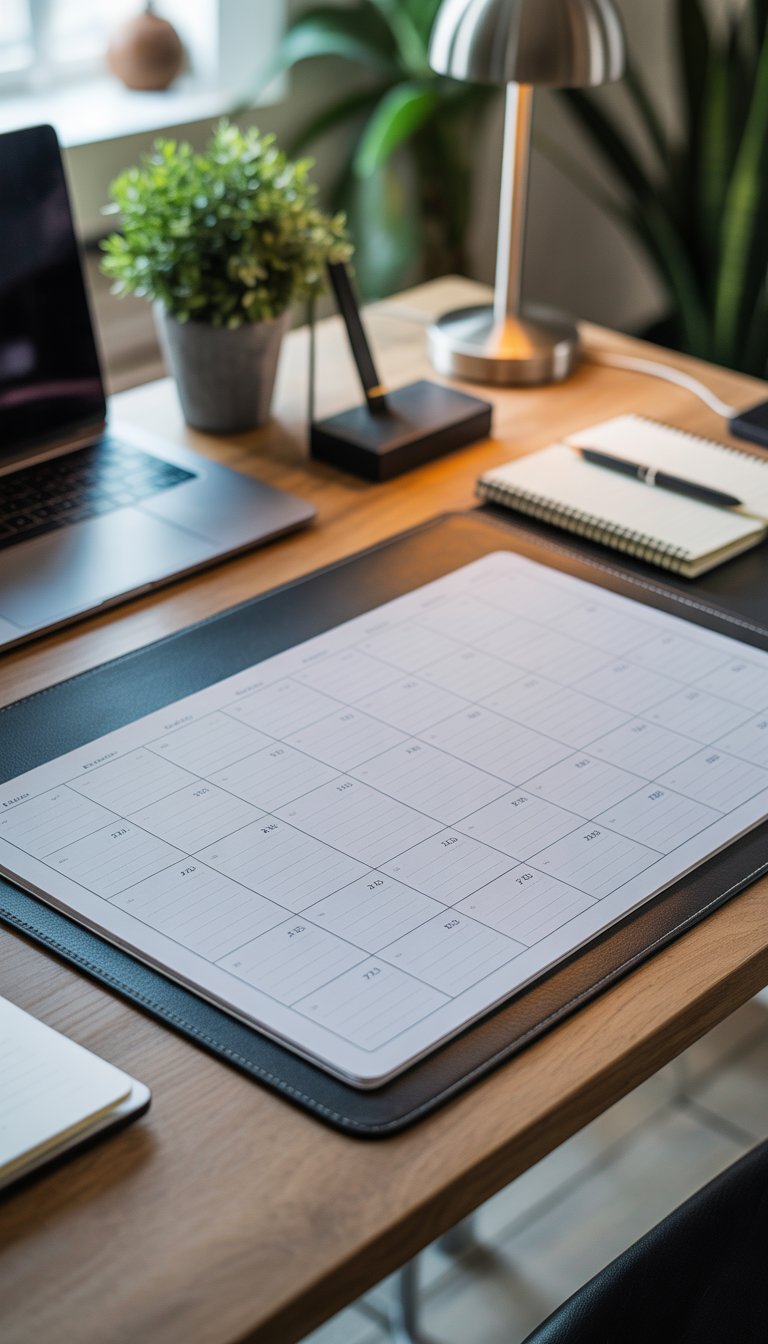 A clean wooden desk with a large calendar-style desk pad surrounded by a laptop, lamp, plant, notebook, and pen.