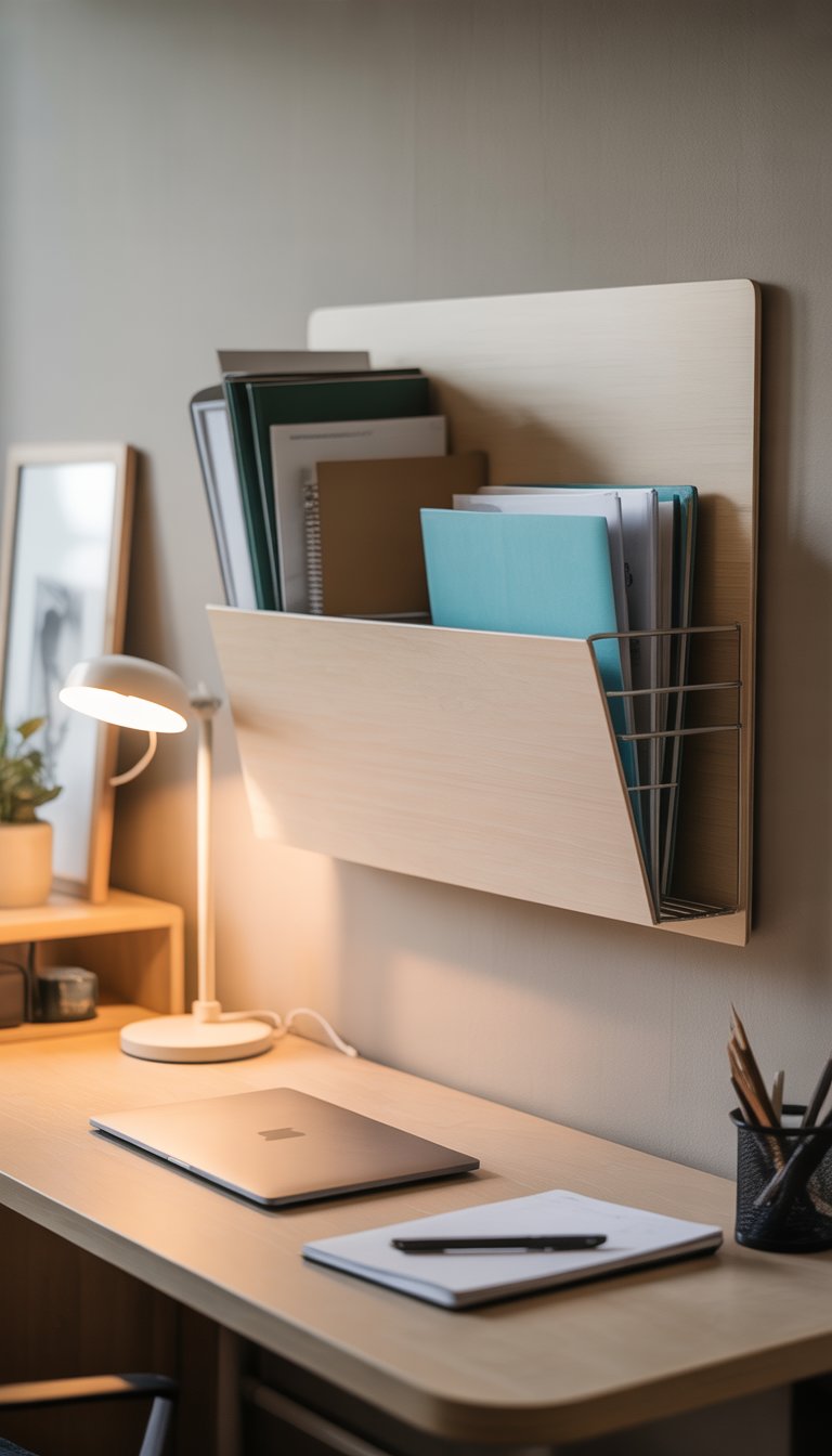 A dorm room workspace with a wall-mounted file holder above a tidy desk holding a laptop, lamp, and stationery.