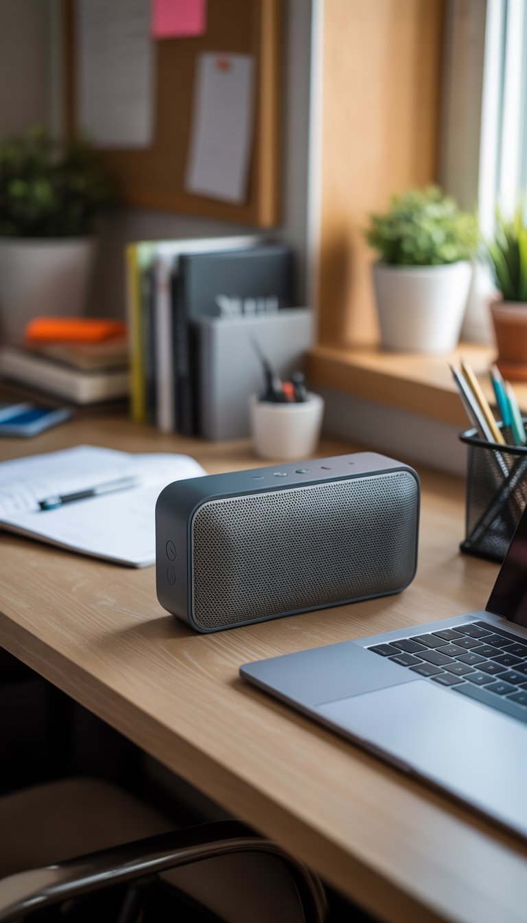 A dorm room desk with a portable Bluetooth speaker, laptop, notebooks, and plants in a tidy study space.
