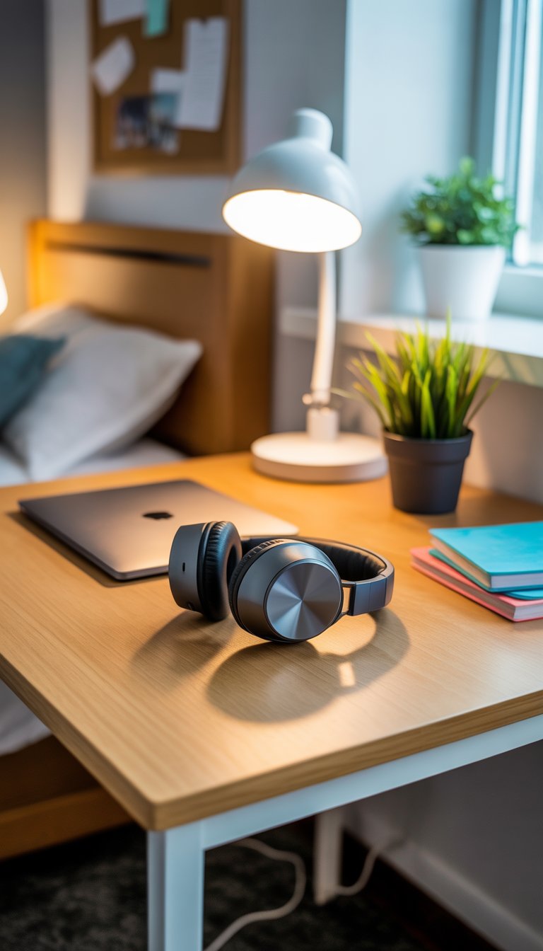 A dorm room desk with noise-cancelling headphones on the corner, a laptop, notebooks, a desk lamp, and a bed in the background.