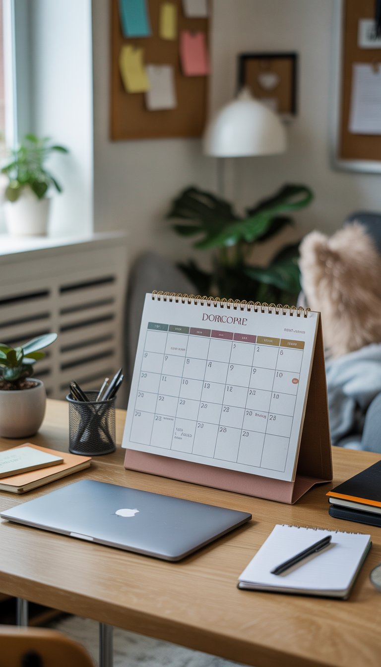 A dorm room desk with a decorative desk calendar, laptop, plant, and notebooks in a tidy study space.