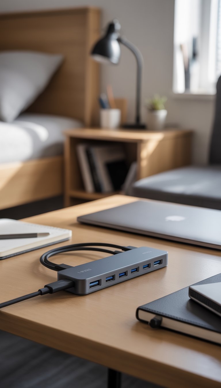 A USB hub with multiple ports on a dorm desk surrounded by a laptop, notebook, lamp, and stationery in a dorm room.