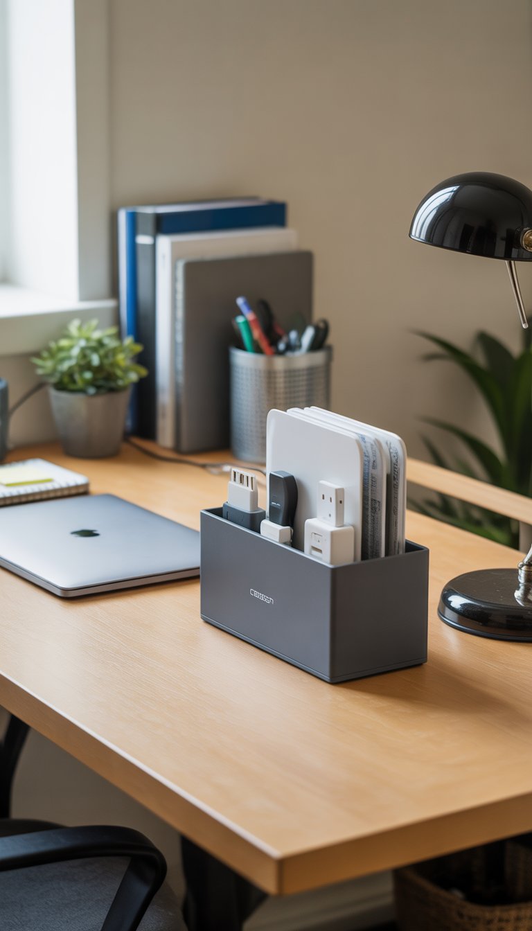 A tidy dorm desk with a cable box organizer managing cables, a laptop, notebooks, a desk lamp, and a small plant in a well-lit room.