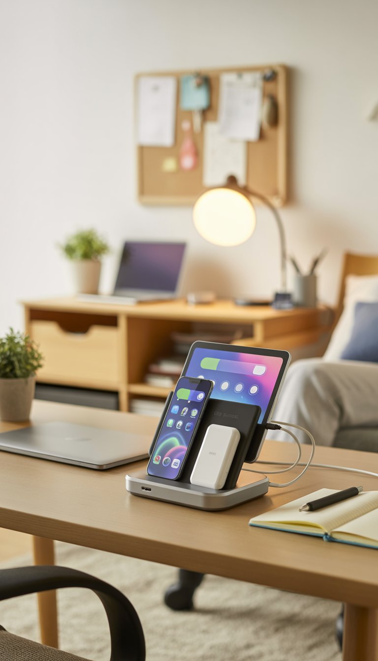 A dorm room desk with a charger docking station charging multiple devices, a laptop, a notebook, a plant, and a desk lamp.