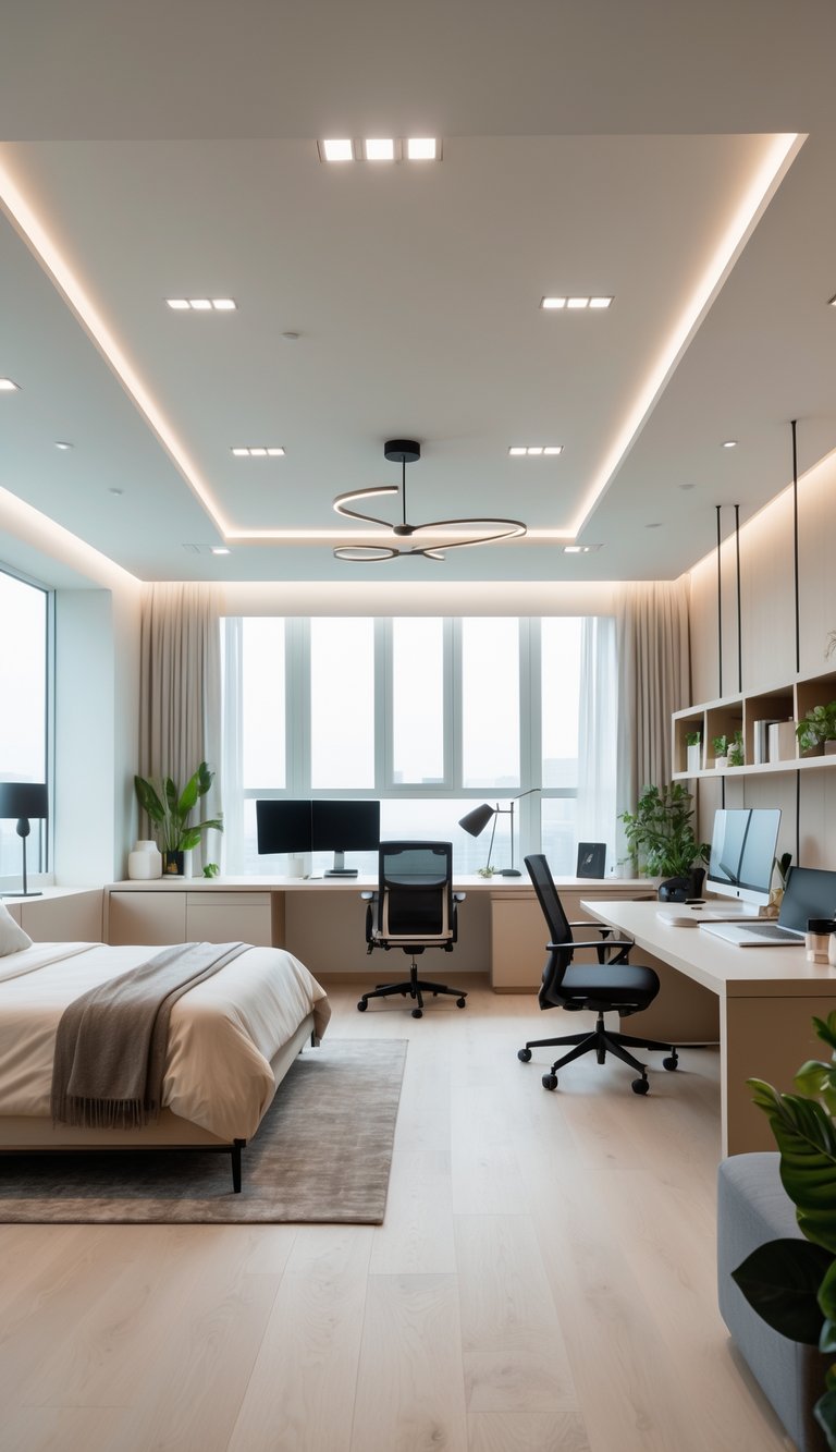 A large room combining a bedroom with a bed and a modern office workspace including a desk, chair, and computer equipment.