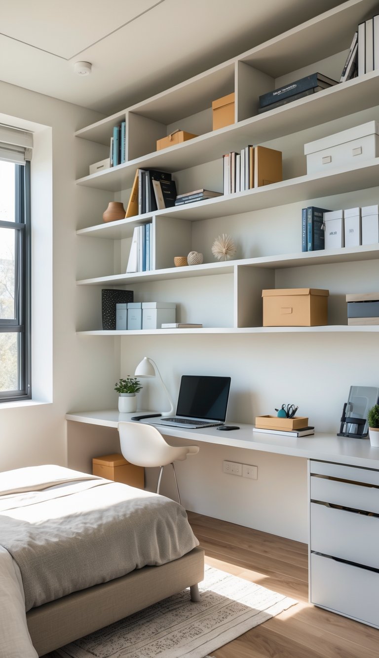 A bedroom and office combined in one room with floating shelves above a desk and bed, filled with books and decor.