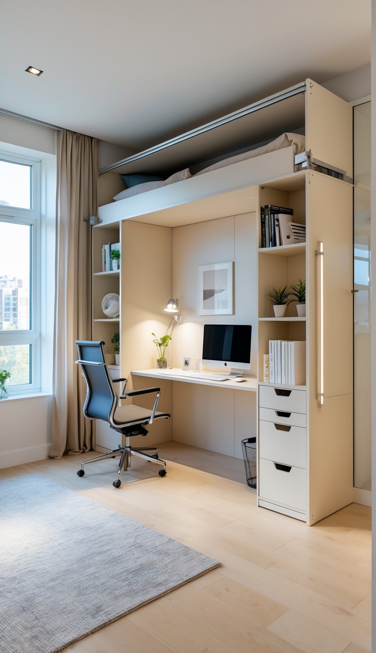 A bright bedroom and office combo with a Murphy bed folded up against the wall and a desk with a computer nearby.