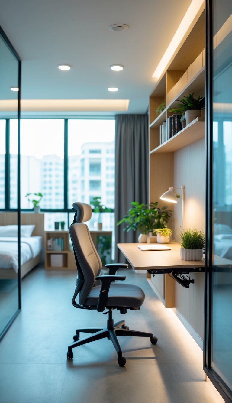 A spacious room combining a bedroom and office with a fold-down desk mounted on the wall, an ergonomic chair, and a bed in the background.