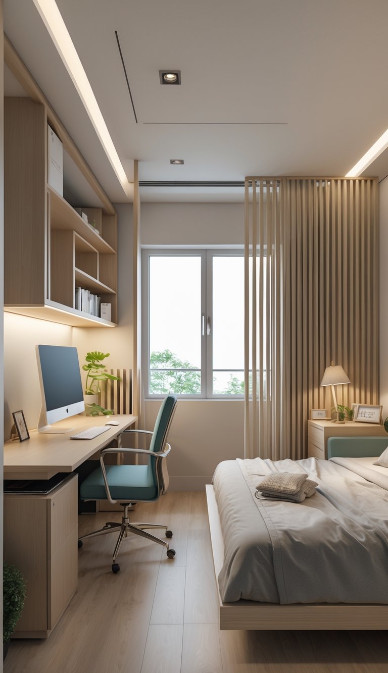 A bedroom and office combined in one room, separated by a room divider, showing a workspace with a desk and a sleeping area with a bed.