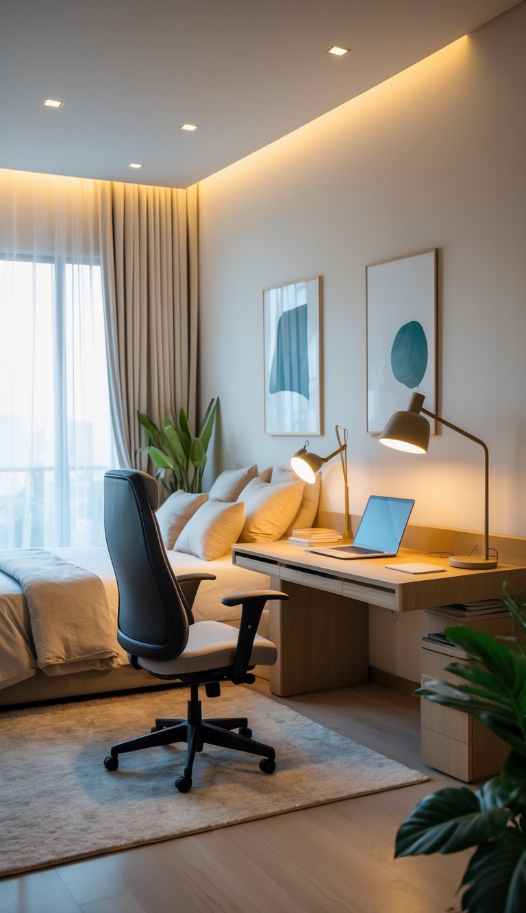 A bedroom and office combination with a bed, desk, chair, and warm lighting creating a cozy and inviting atmosphere.