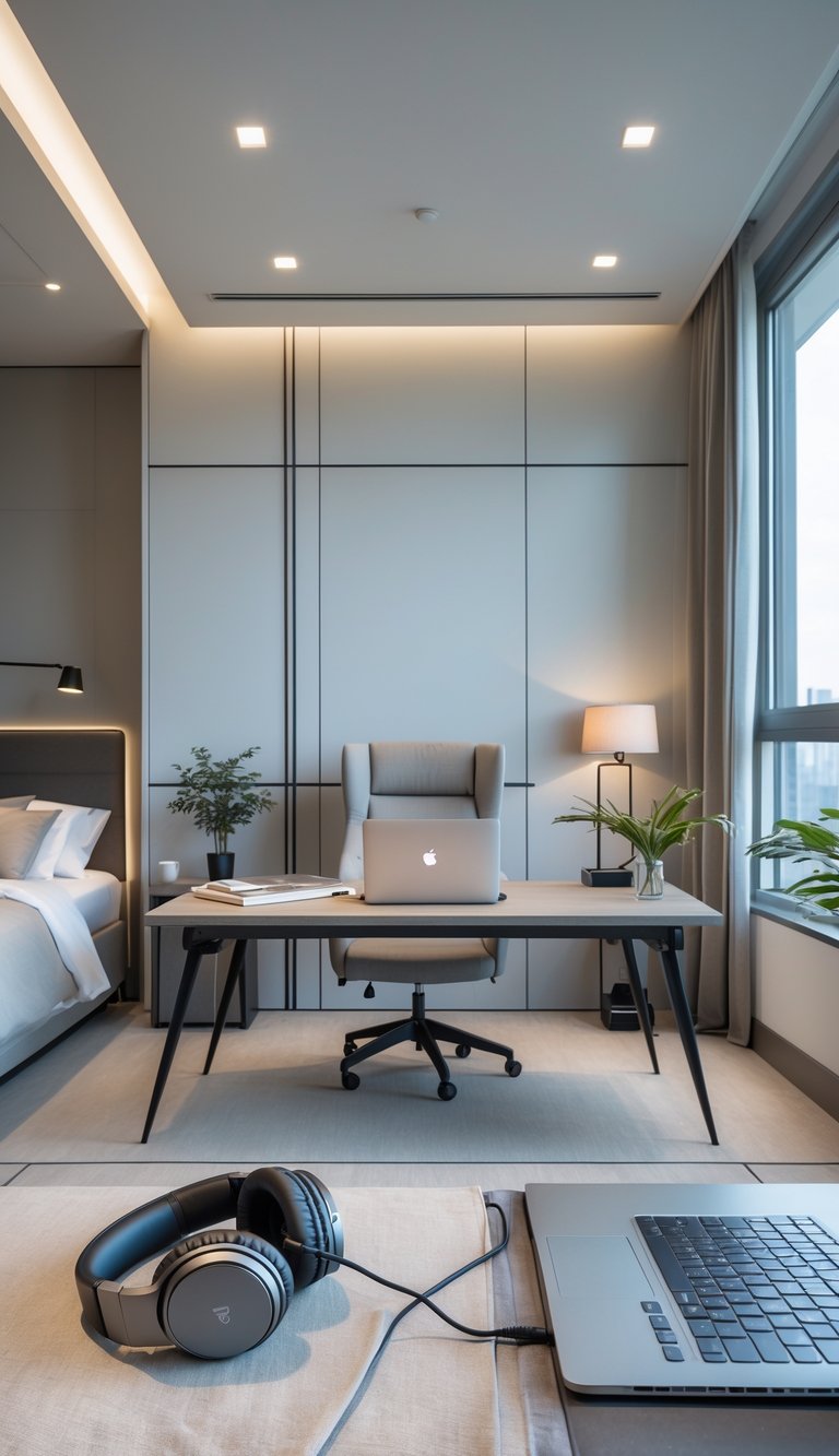 A bedroom and office combined in one room with a desk, laptop, noise-canceling headphones, and a neatly made bed.