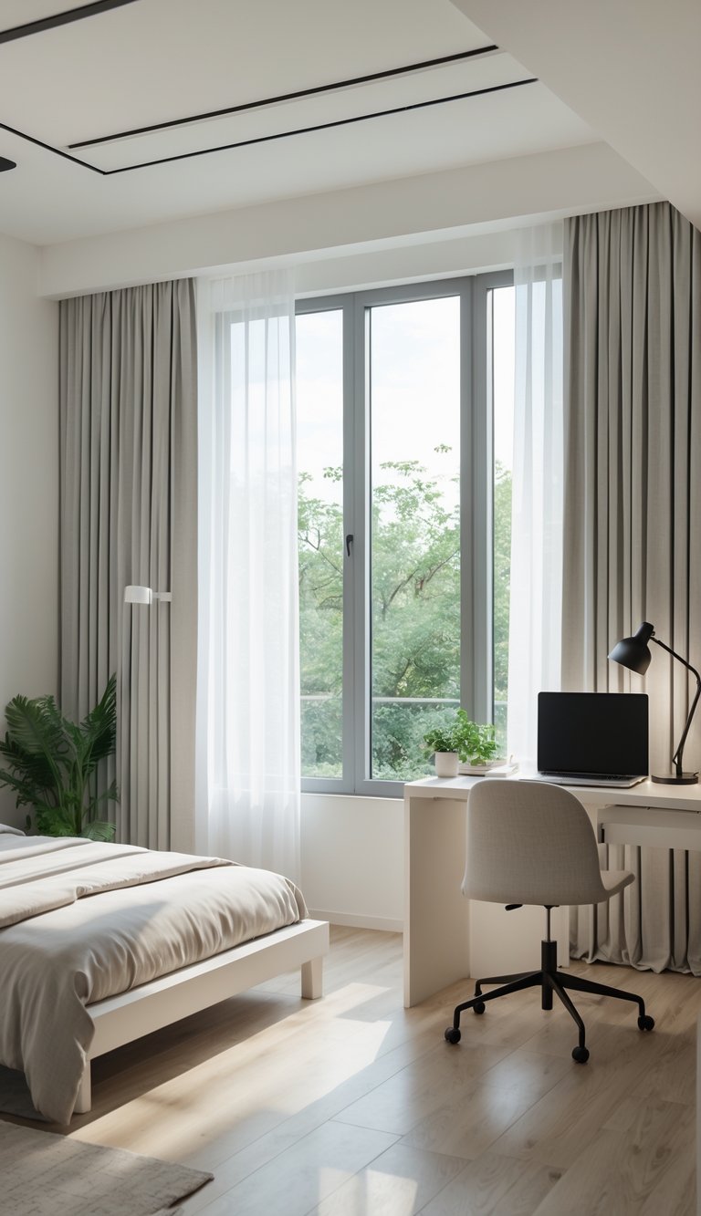 A bedroom with a desk placed near a window letting in natural light, showing a bed and a workspace in the same room.