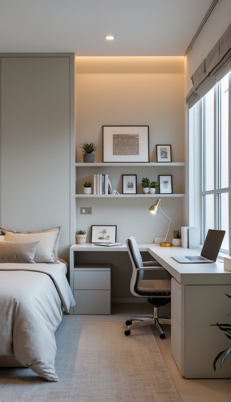 A bedroom and office combined in one room with a bed, a desk with a laptop and chair, and a small bookshelf holding books and decorative items.