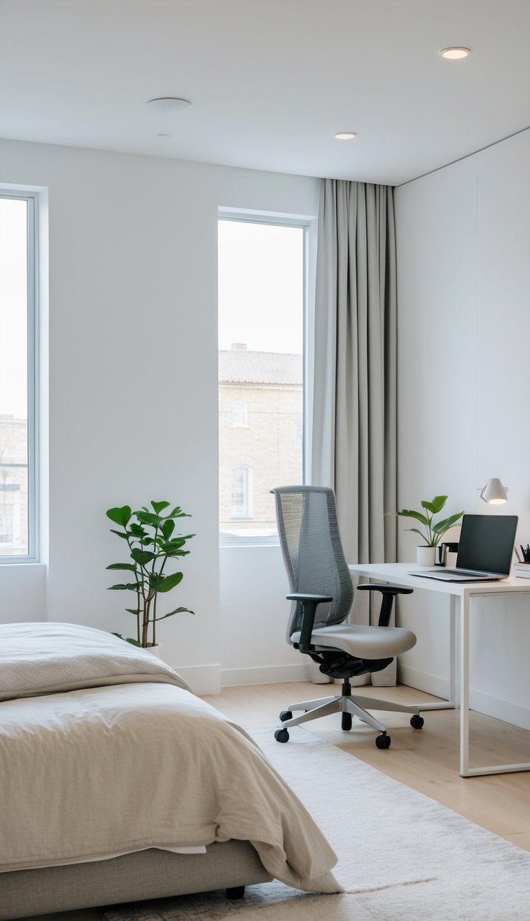 A clean and organized bedroom with a desk and chair, featuring a made bed, laptop, and a small plant near a window.