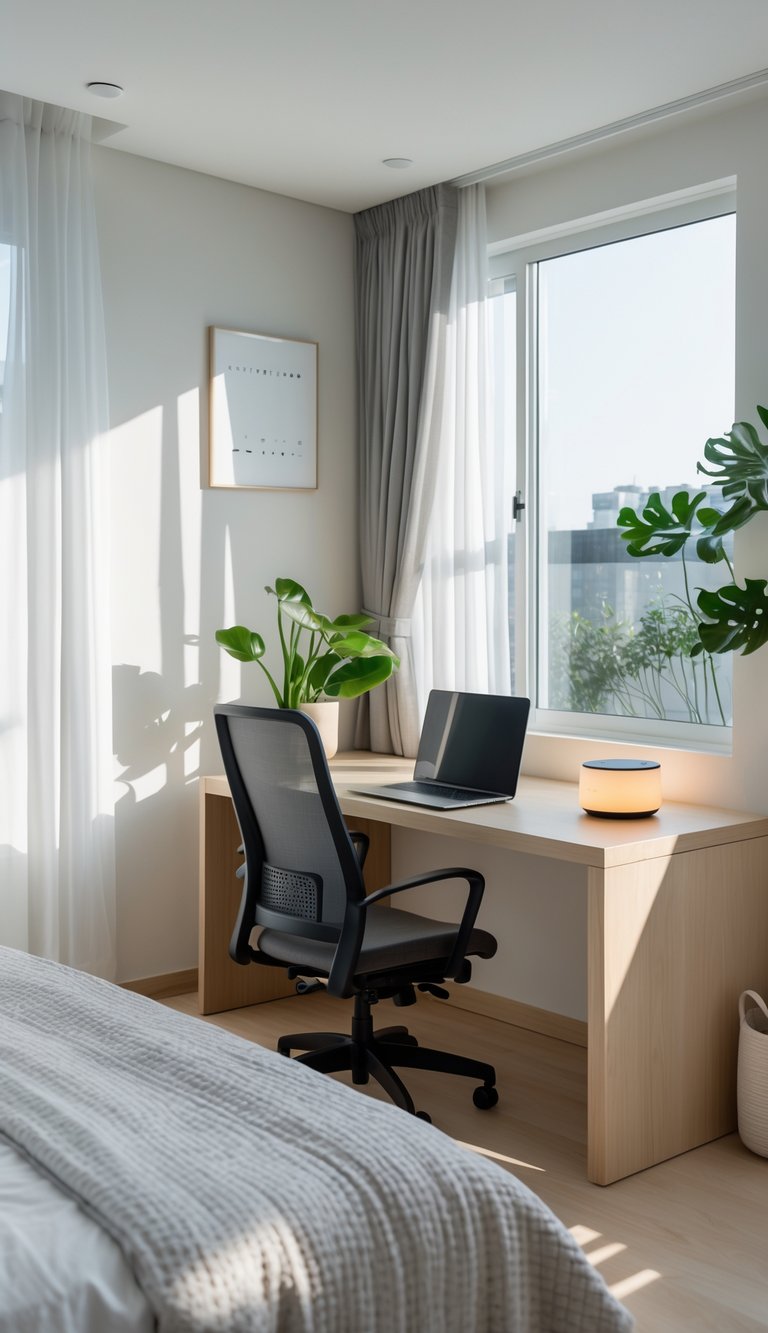 A combined bedroom and office space with a bed and a desk featuring a laptop and a small sound machine device on the desk.