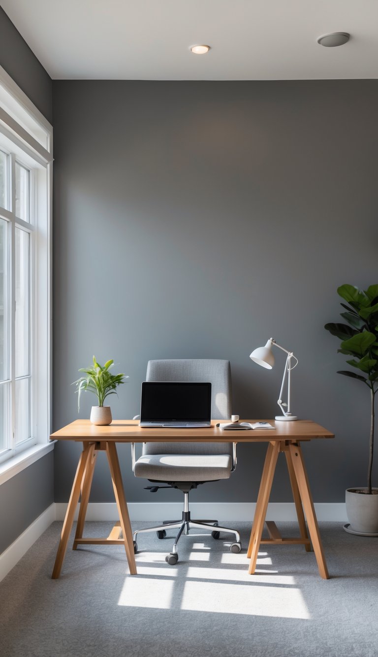 A modern home office with grey painted walls, a wooden desk with a laptop, an ergonomic chair, and natural light coming through a window.
