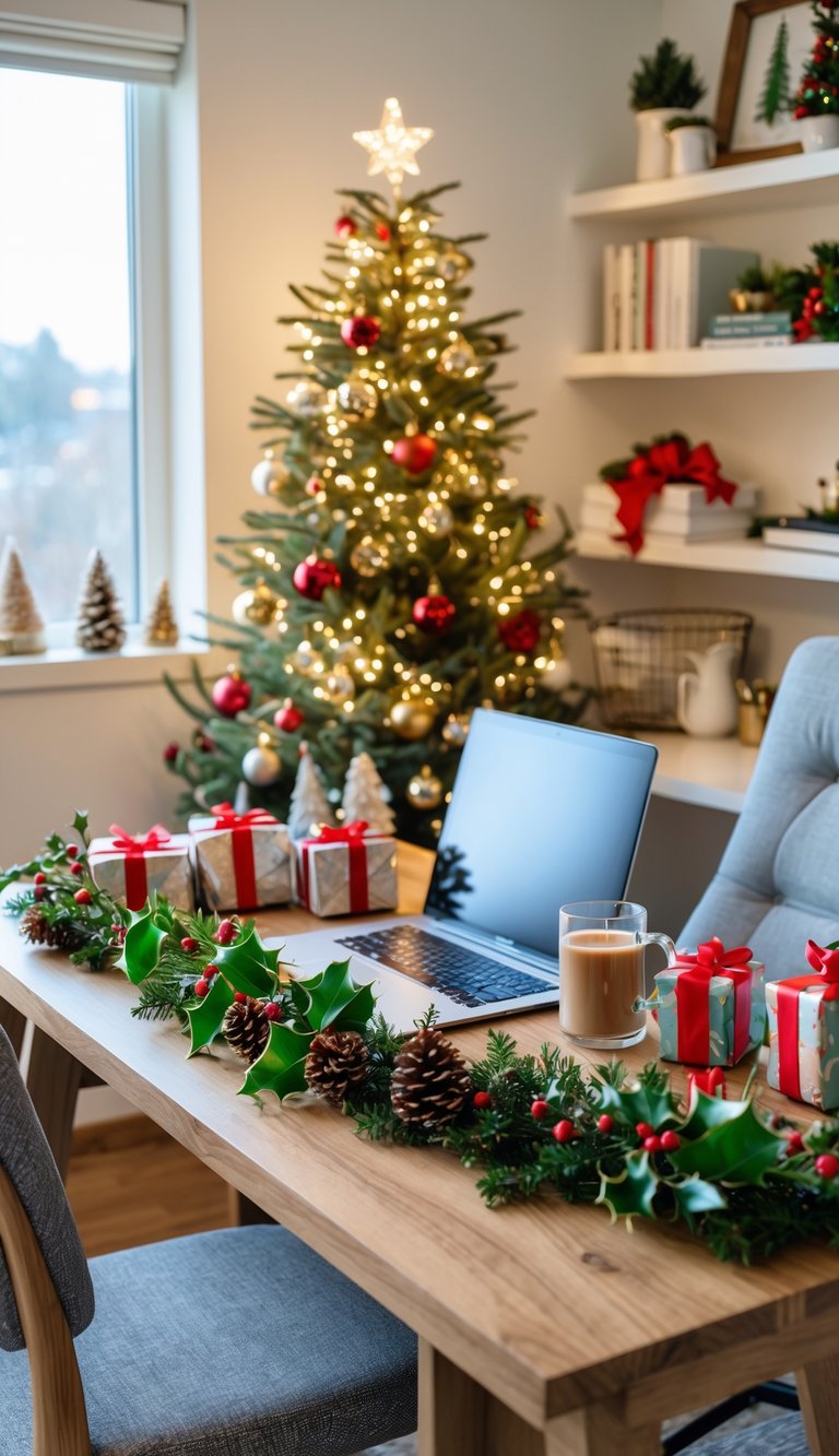 A home office decorated for Christmas with a laptop on a wooden desk, a small decorated Christmas tree, garlands, wrapped gifts, and festive ornaments.