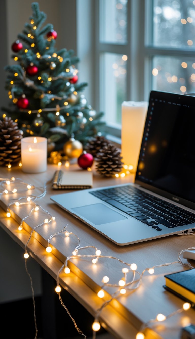 A home office desk decorated with string fairy lights and festive Christmas decorations including a small tree and ornaments.