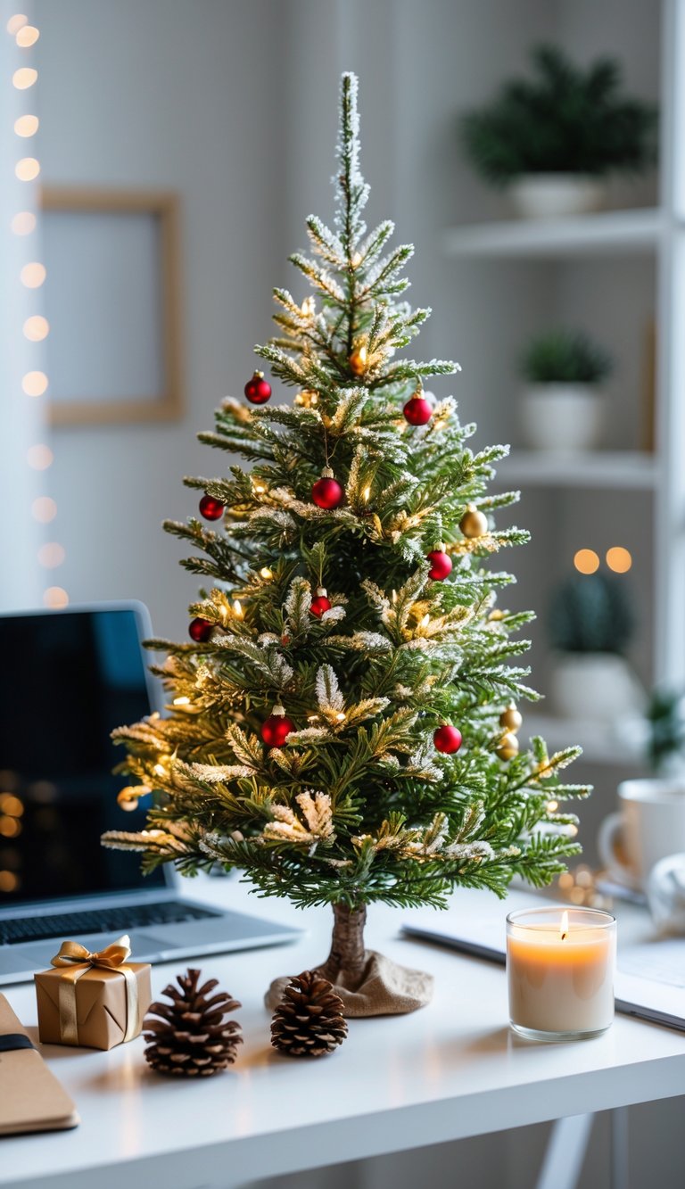 Miniature Christmas tree with LED lights on a home office desk surrounded by festive decorations and office supplies.