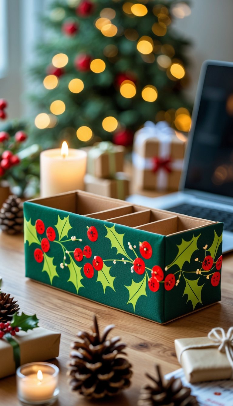 A festive desk organizer with holly design on a wooden desk surrounded by Christmas decorations in a home office.