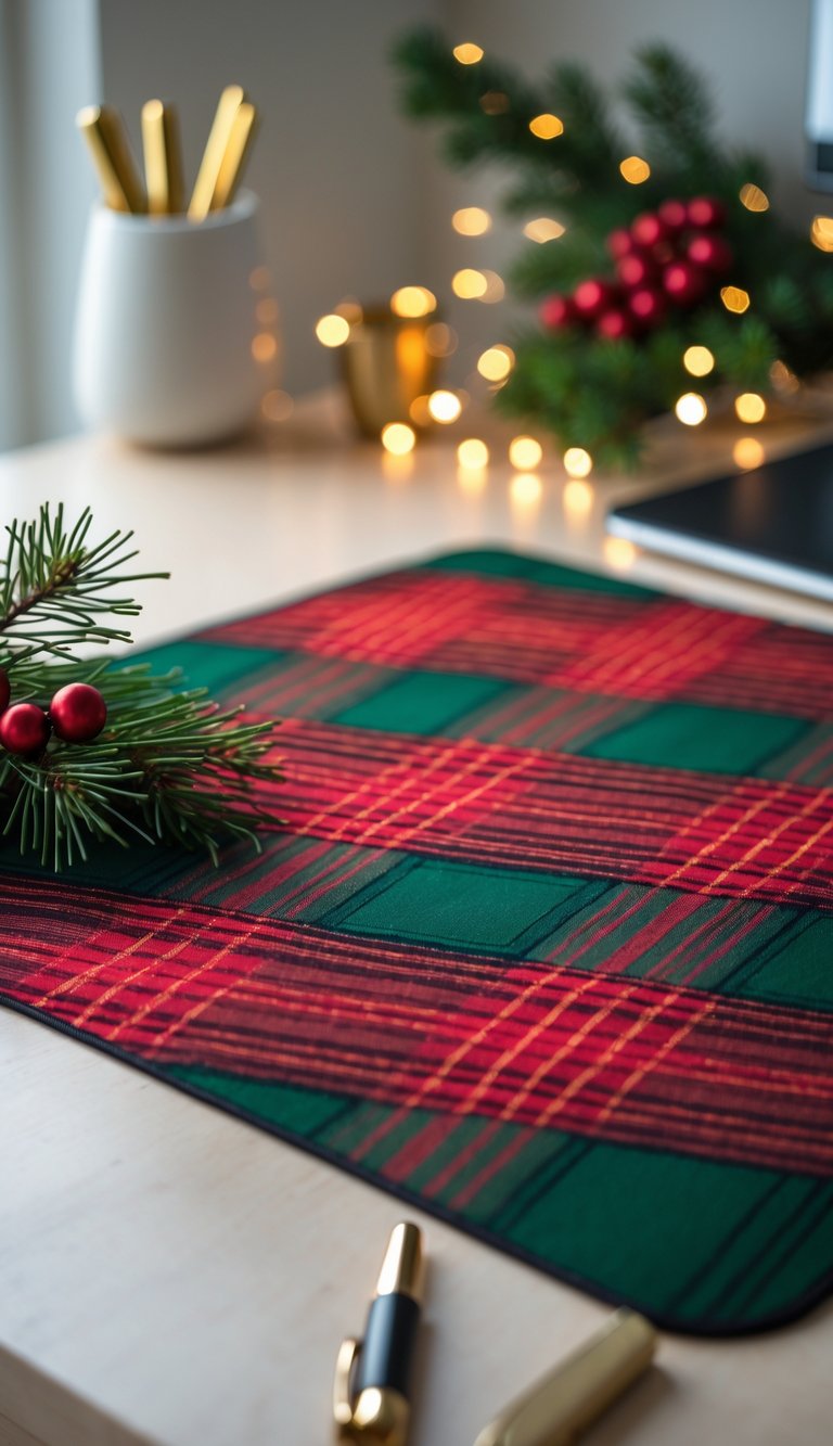A home office desk with a red and green plaid desk mat and festive Christmas decorations including pine branches and a small evergreen plant.
