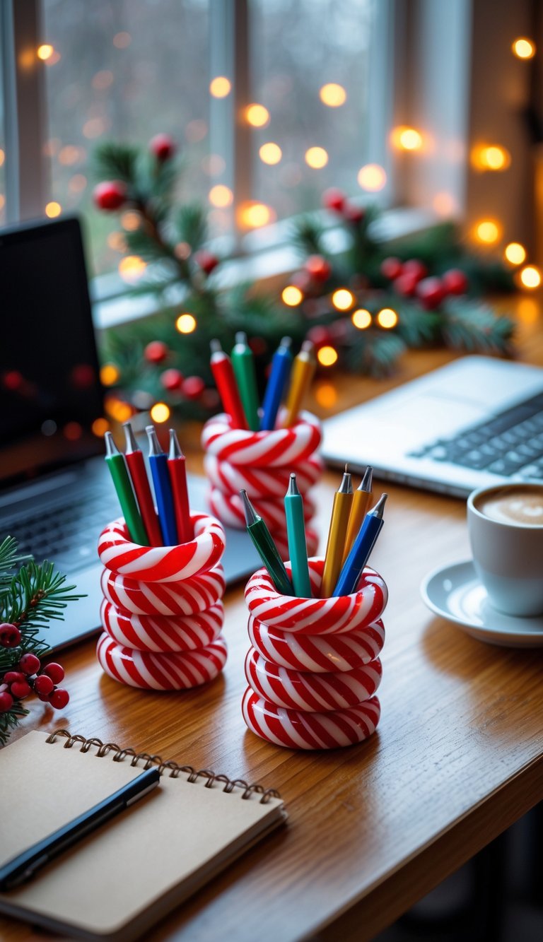 A home office desk decorated for Christmas with candy cane pen holders holding pens, surrounded by festive decorations and warm lighting.
