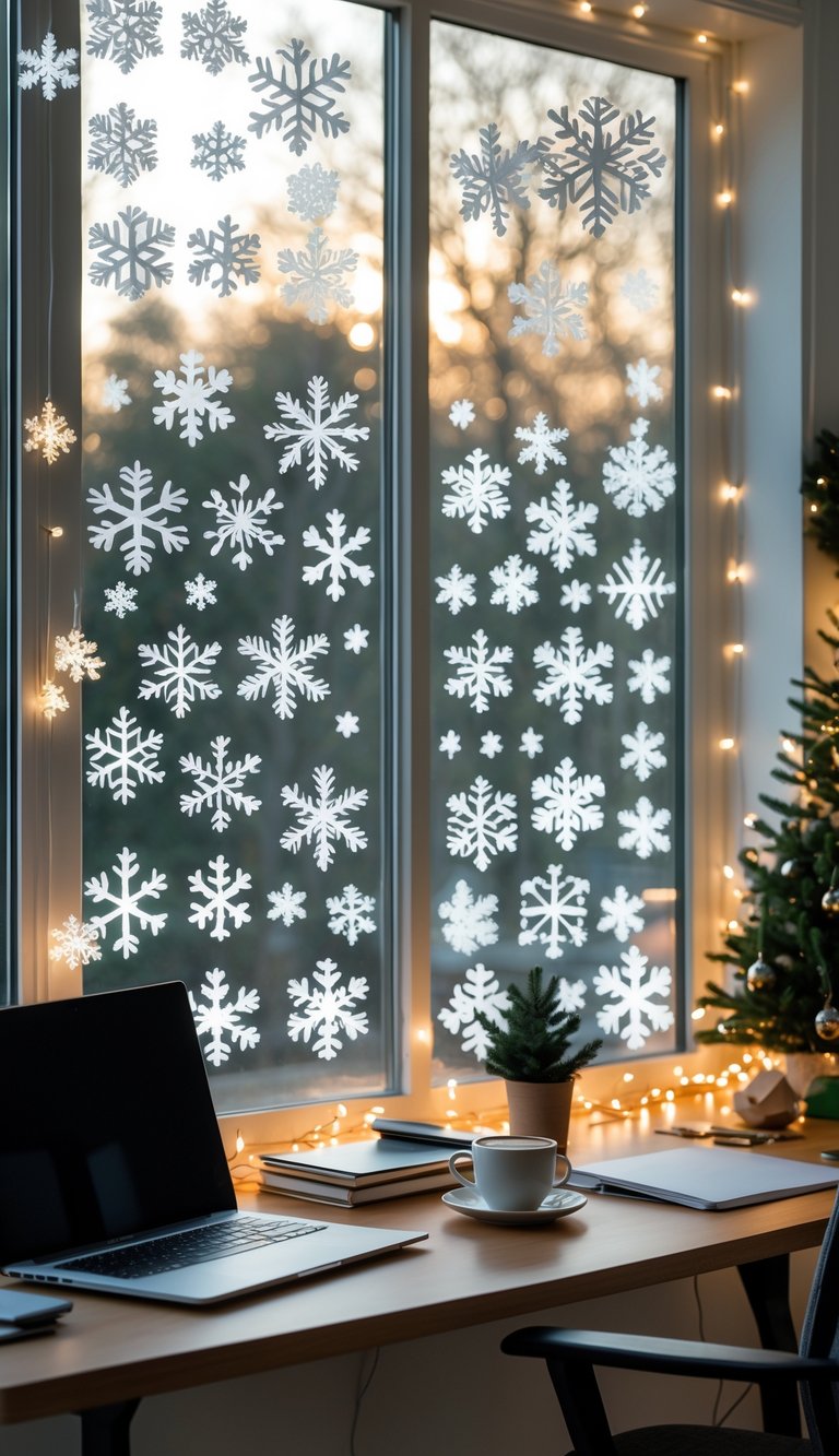 Home office with a window decorated with white snowflake clings and festive holiday decorations, including a desk with a laptop and a small evergreen plant.