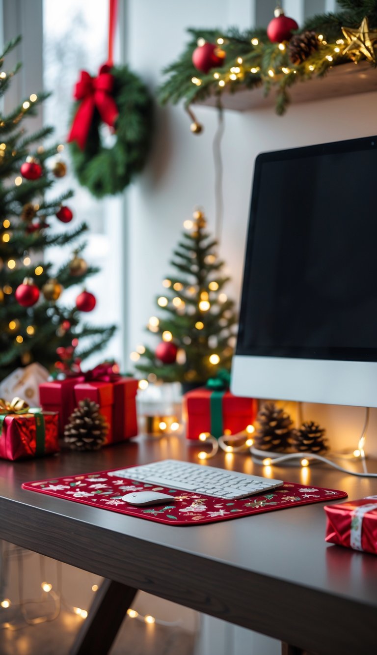 A home office desk decorated with a Christmas-themed mouse pad, small Christmas tree, ornaments, fairy lights, and wrapped gifts.