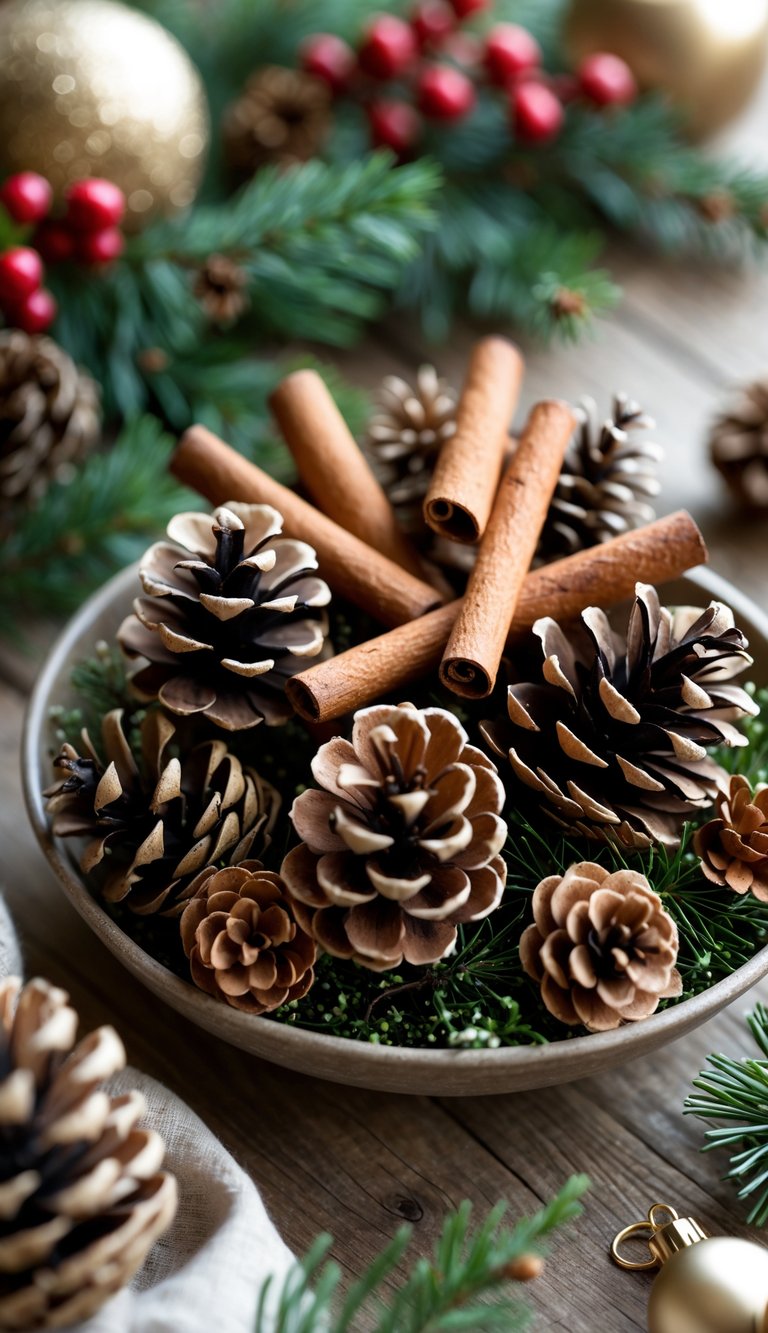 Close-up of pinecones and cinnamon sticks arranged with evergreen sprigs and red berries on a wooden surface, creating a festive Christmas decoration.
