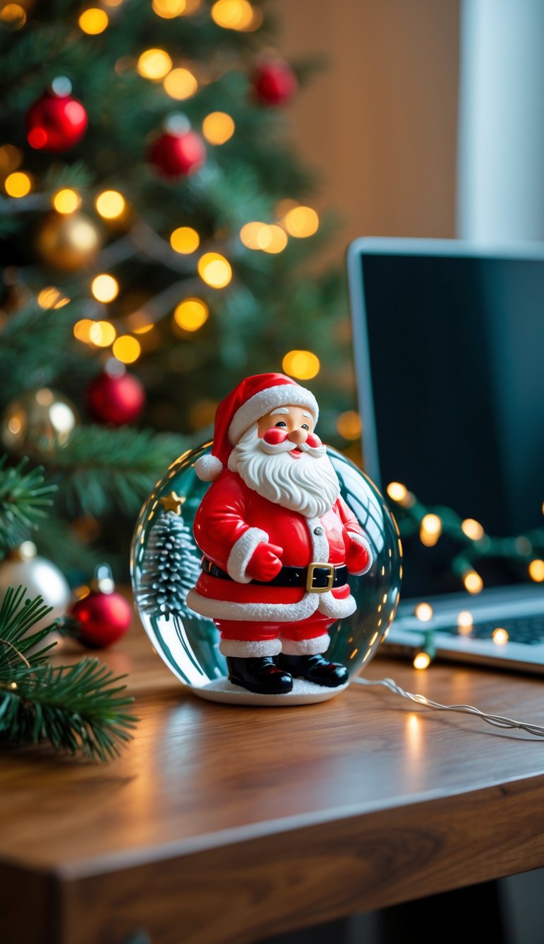A Santa Claus paperweight on a wooden desk surrounded by Christmas decorations and office supplies.