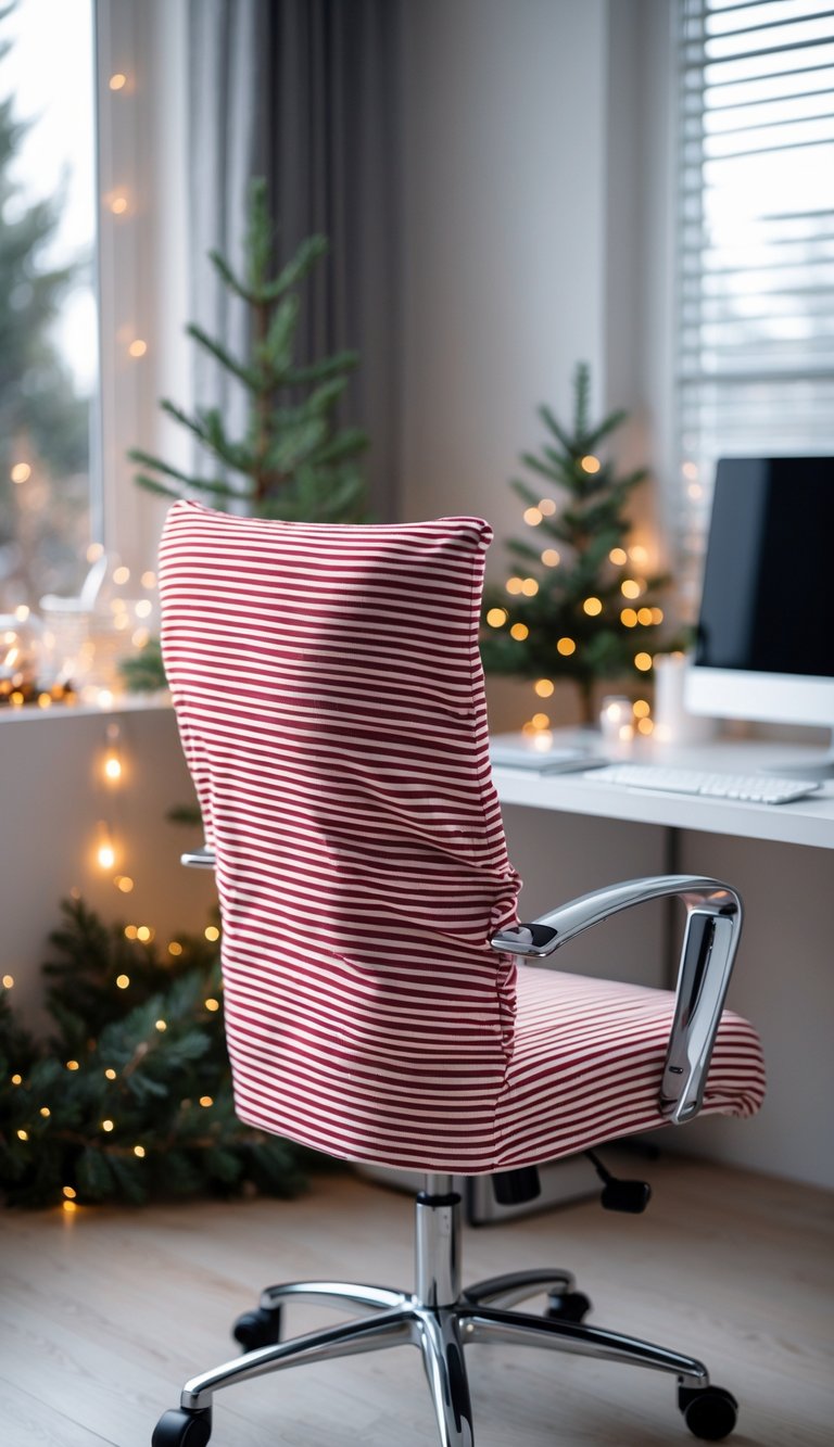 A home office desk chair with a red and white striped cover surrounded by subtle Christmas decorations.