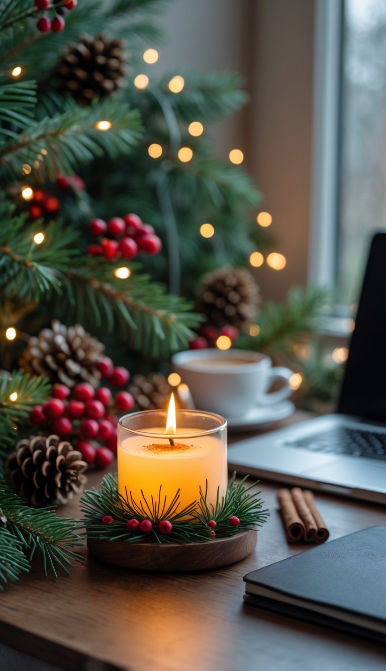 A lit scented candle surrounded by cinnamon sticks, pine needles, and Christmas decorations on a home office desk with a laptop and notebook nearby.