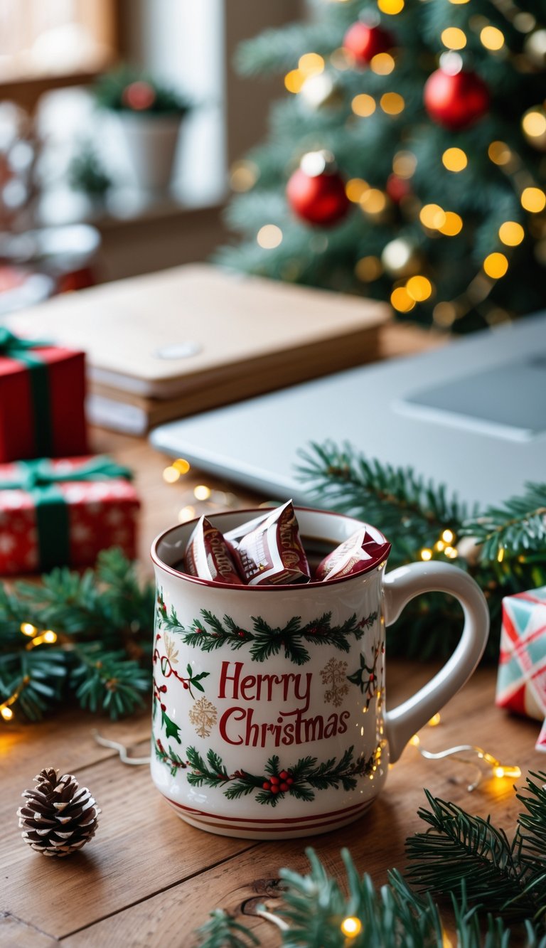 A Christmas mug with hot cocoa packets on a desk surrounded by holiday decorations in a home office.