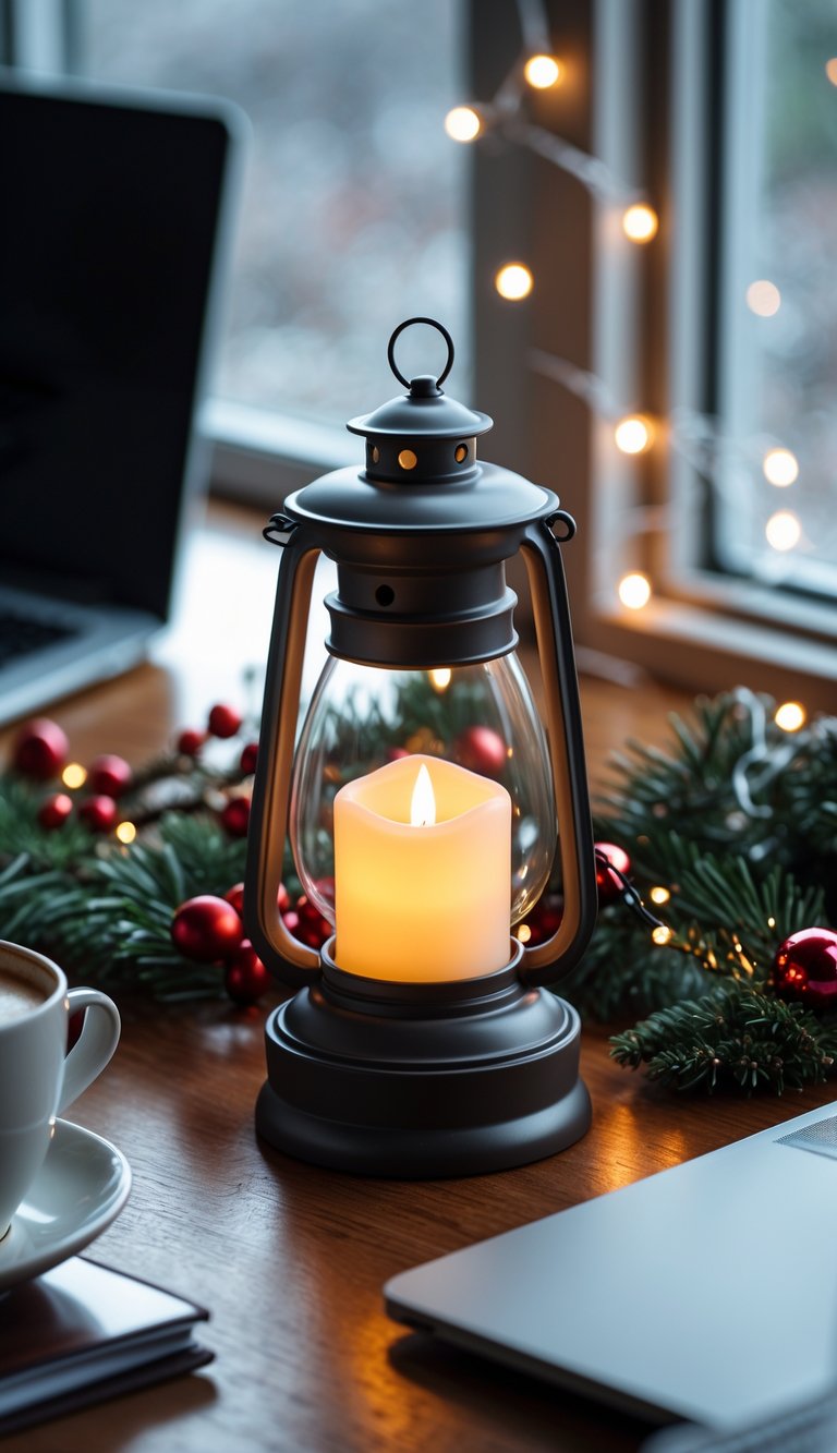 A battery-operated candle lantern glowing warmly on a desk decorated with Christmas greenery, ornaments, and fairy lights in a home office.