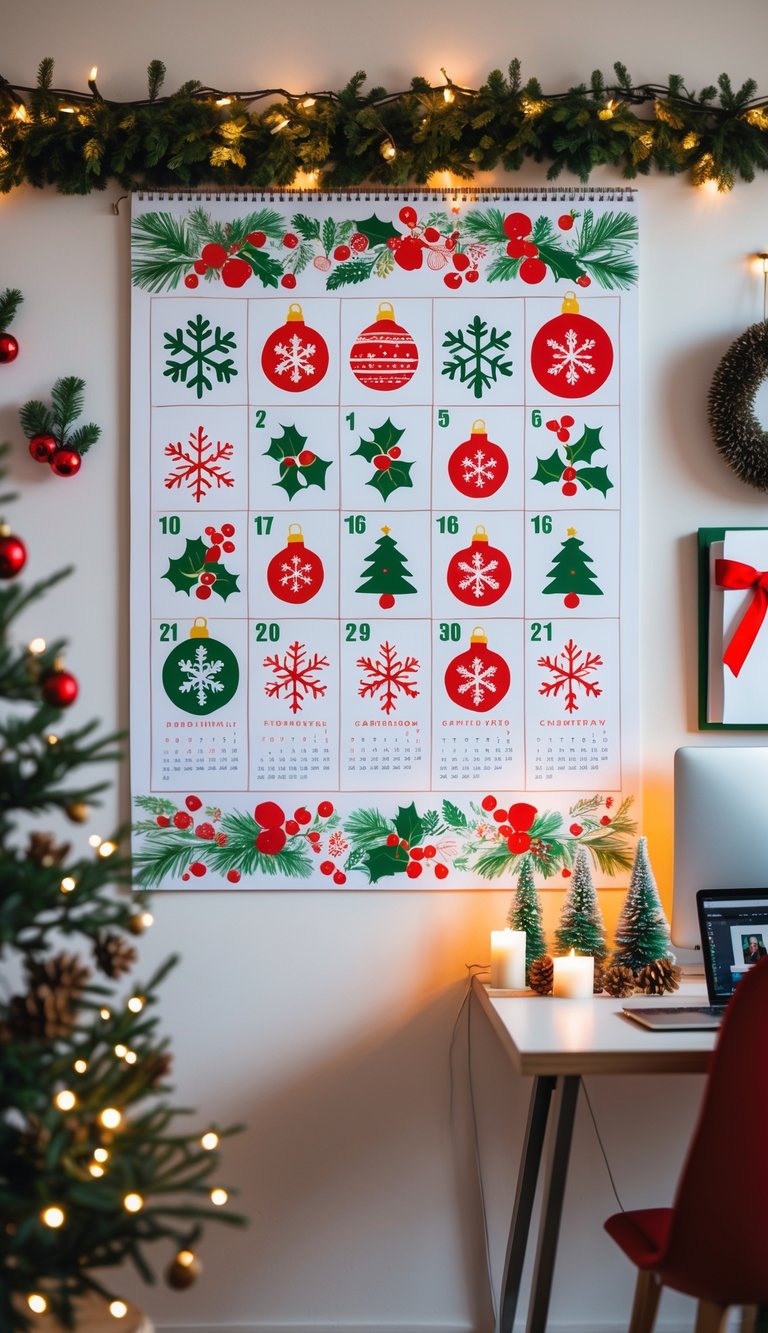 Wall calendar with Christmas illustrations hanging in a decorated home office with festive holiday decorations and a tidy desk.