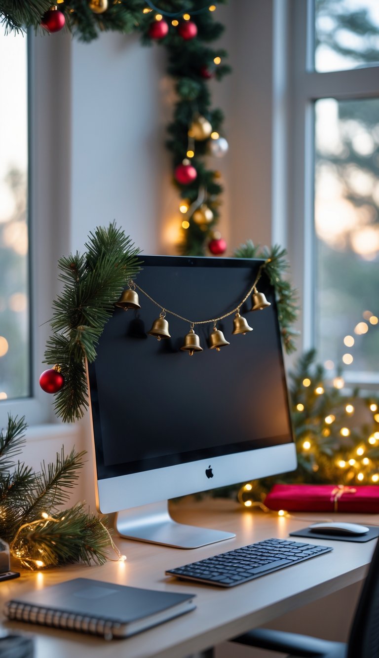 A computer monitor in a home office with a jingle bell garland draped around it and Christmas decorations in the background.