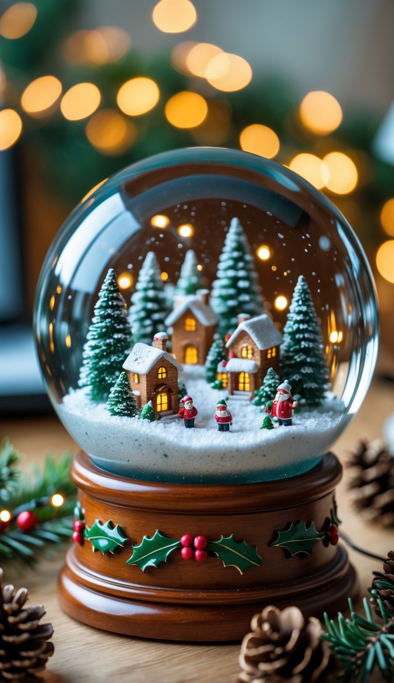 A snow globe with a winter village scene inside placed on a wooden base surrounded by Christmas decorations in a home office.