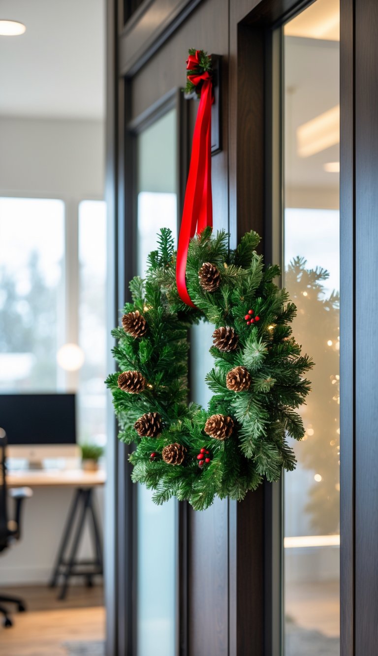 Mini Christmas wreath with red ribbon hanging on an office door in a home office setting.