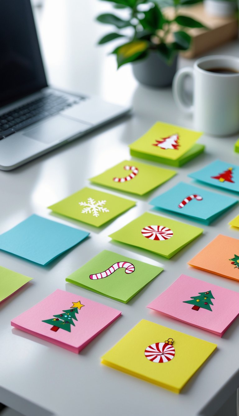 A collection of colorful sticky notes with Christmas icons arranged on a desk in a home office setting.